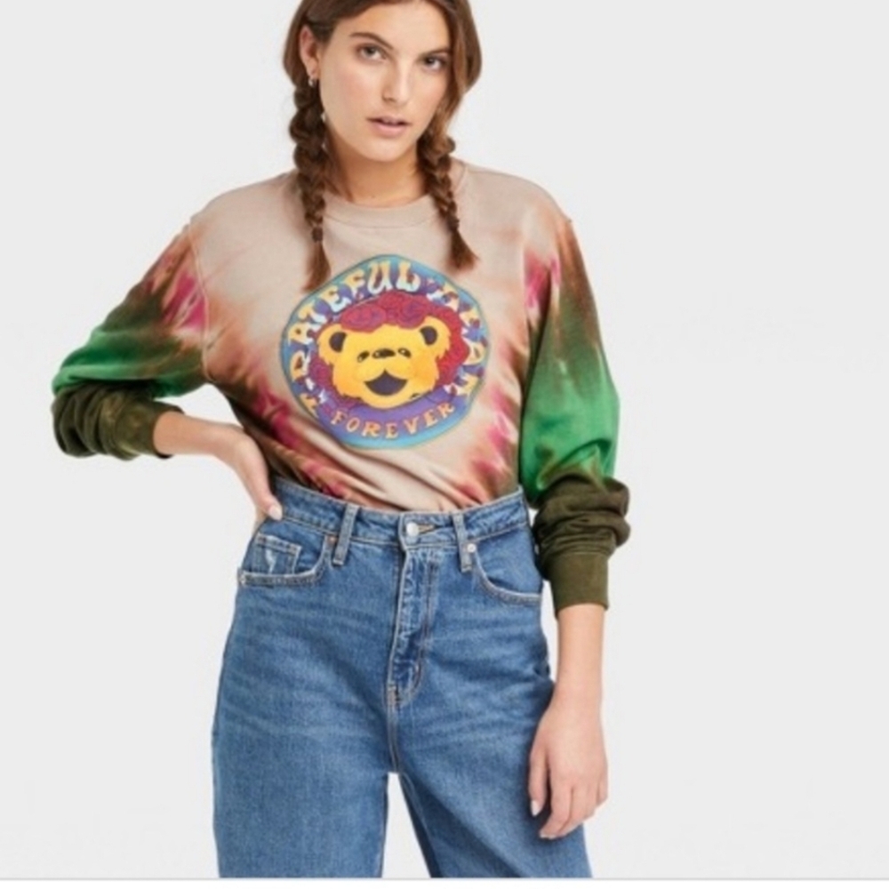 Grateful Dead Teddy Forever Sweatshirt Tie Dye Green Tan Medium Boho Grunge - Picture 2 of 7